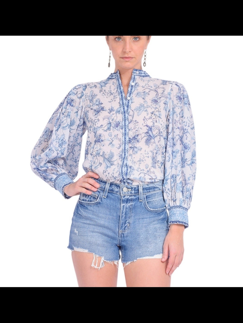 Alice + Olivia Blue Floral Puff-Sleeve Blouse